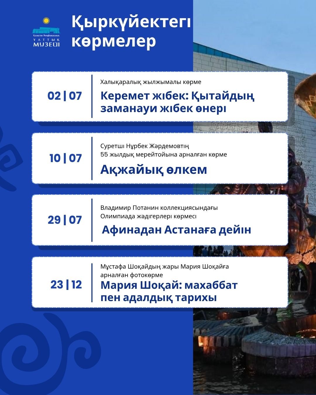 Ұлттық музейде қыркүйекте өтетін көрмелер тізімі