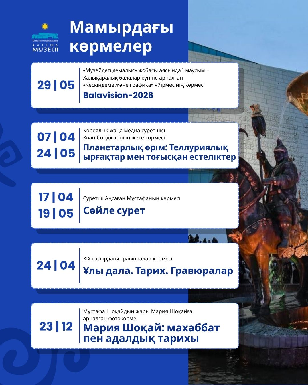 Ұлттық музейде мамырда өтетін көрмелер тізімі