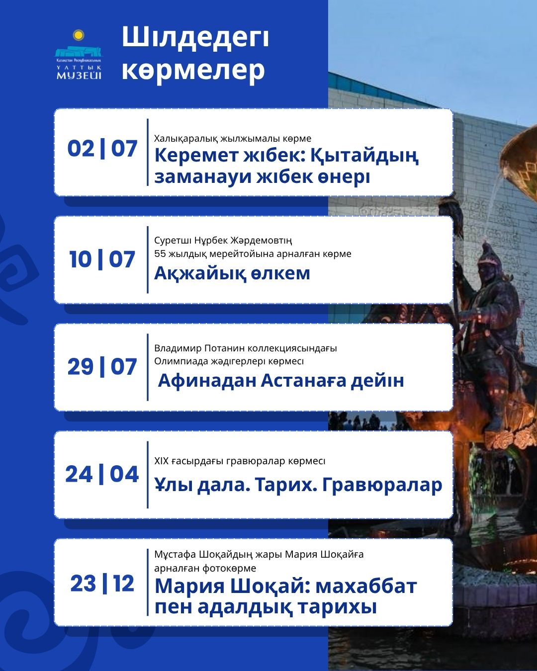 Ұлттық музейде шілдеде өтетін көрмелер тізімі